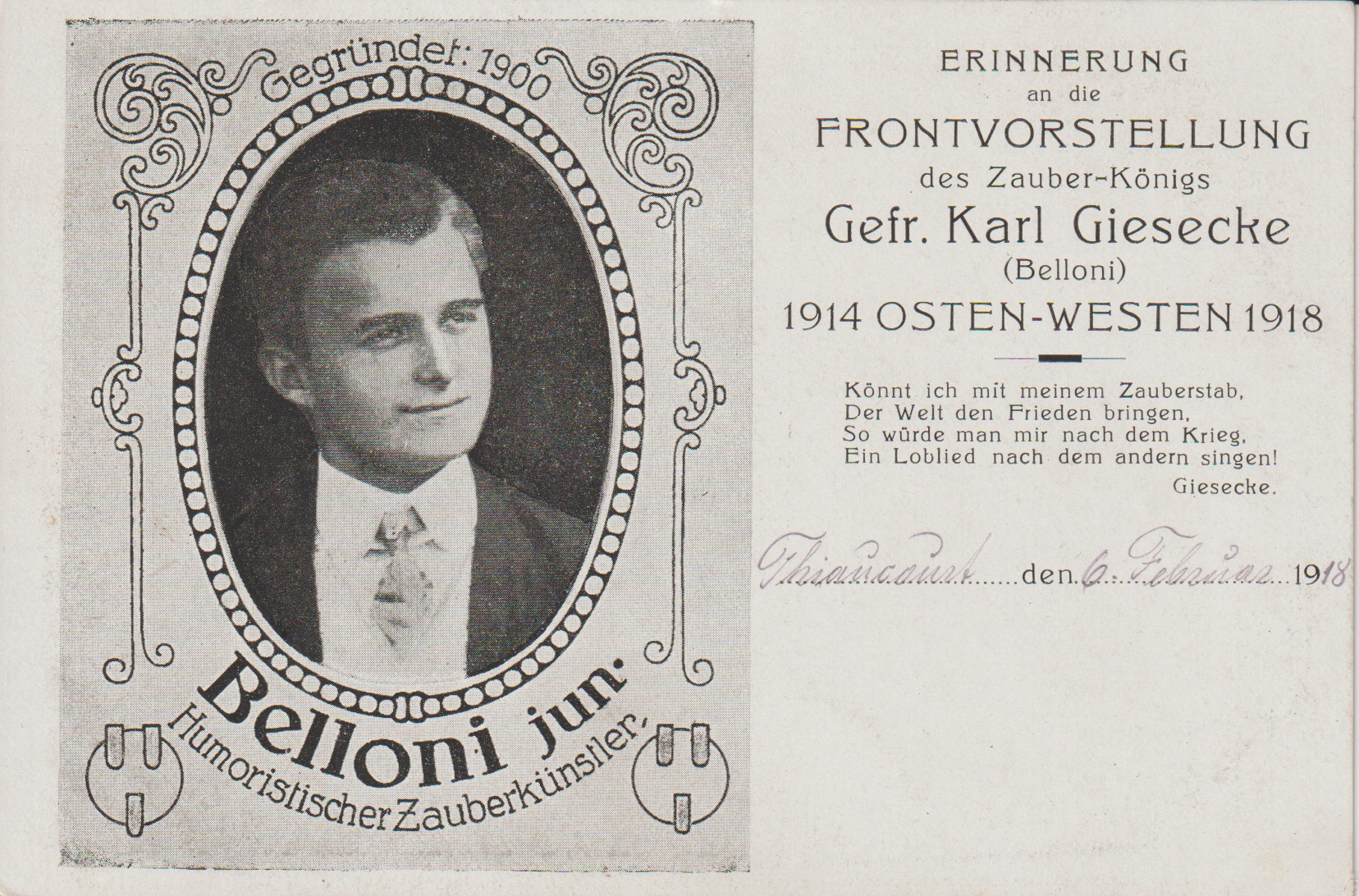 Erinnerung an die Frontvorstellung des Zauber-Königs Gefr. Karl Giesecke (Belloni)
